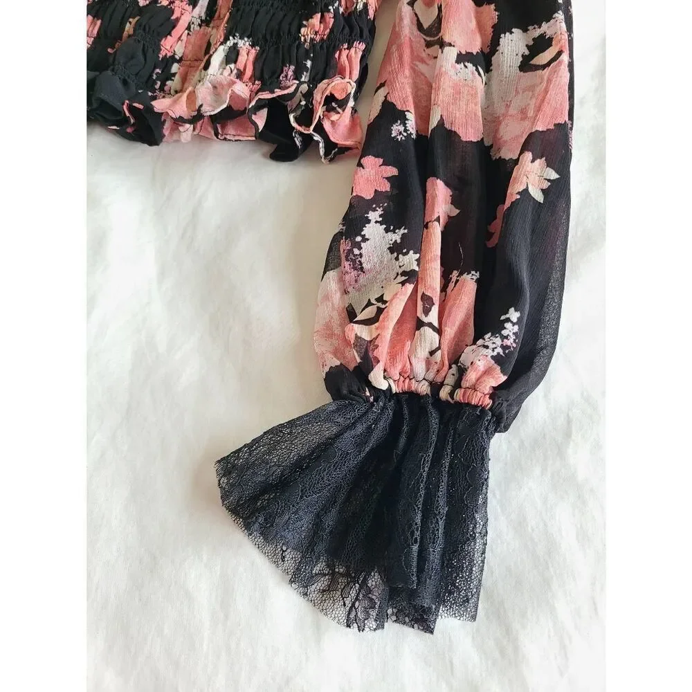Free People Womens Sheer Embroidered Lace Daphne Blouse Midnight Combo Small NWT